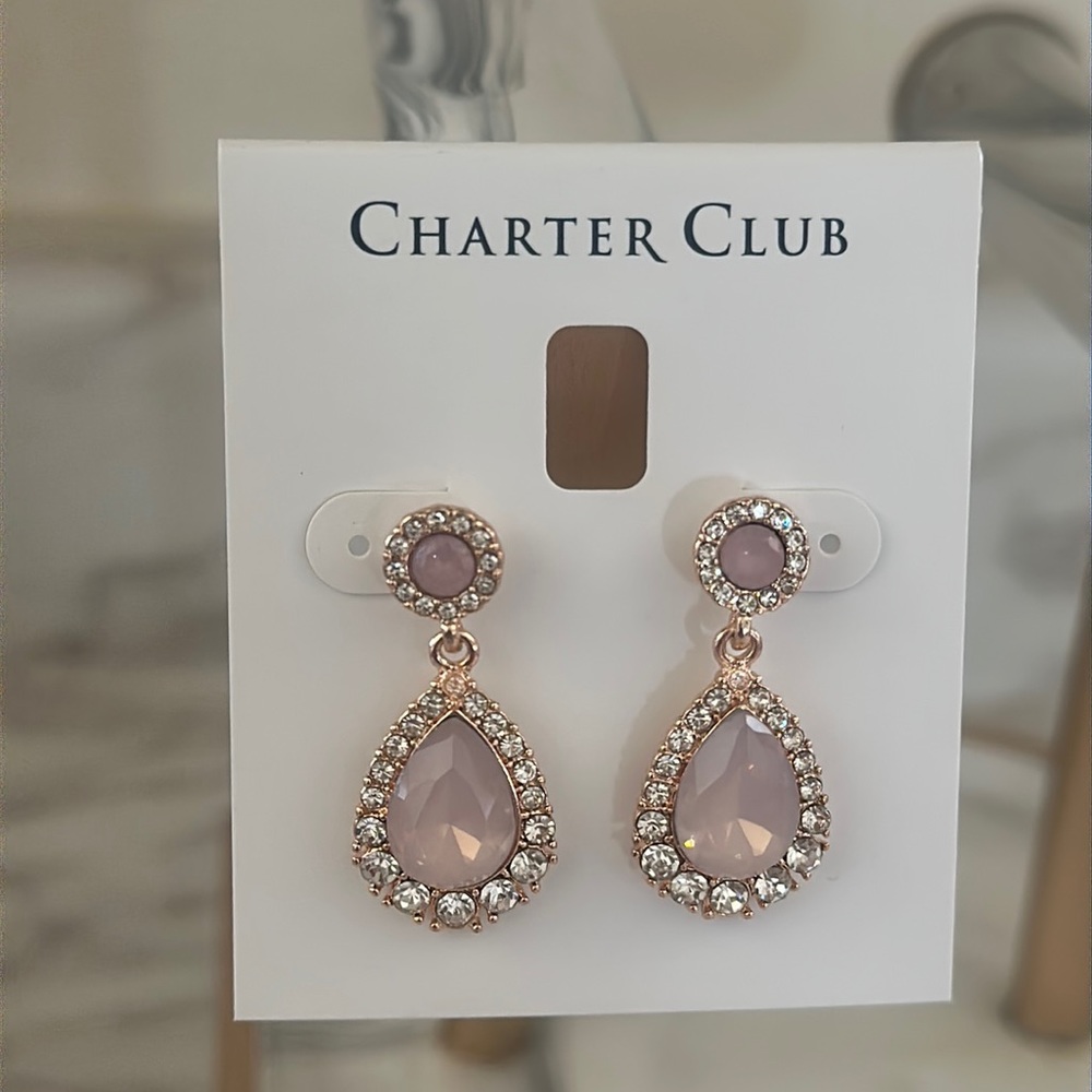 Charter Club Rose Gold-Tone Pave & Pink Stone Drop Earrings